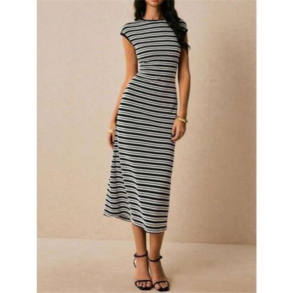 Striped Cap Sleeve Bodycon Midi Dress